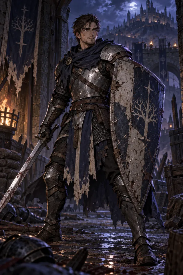 An armoured Bastion carries a battered shield in a moonlit city.