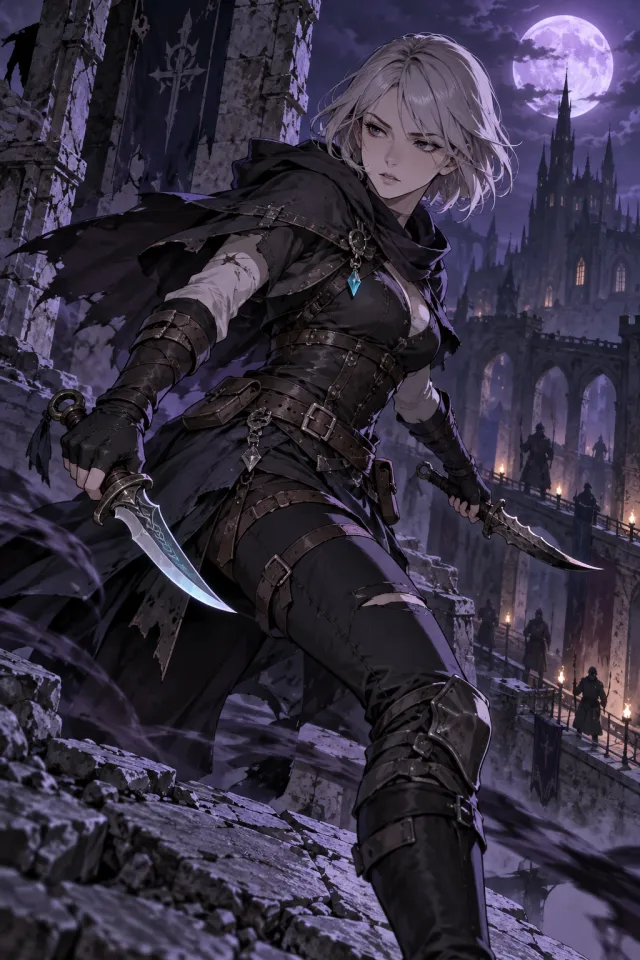A silver-haired Shade with paired blades moves through a ruined city.
