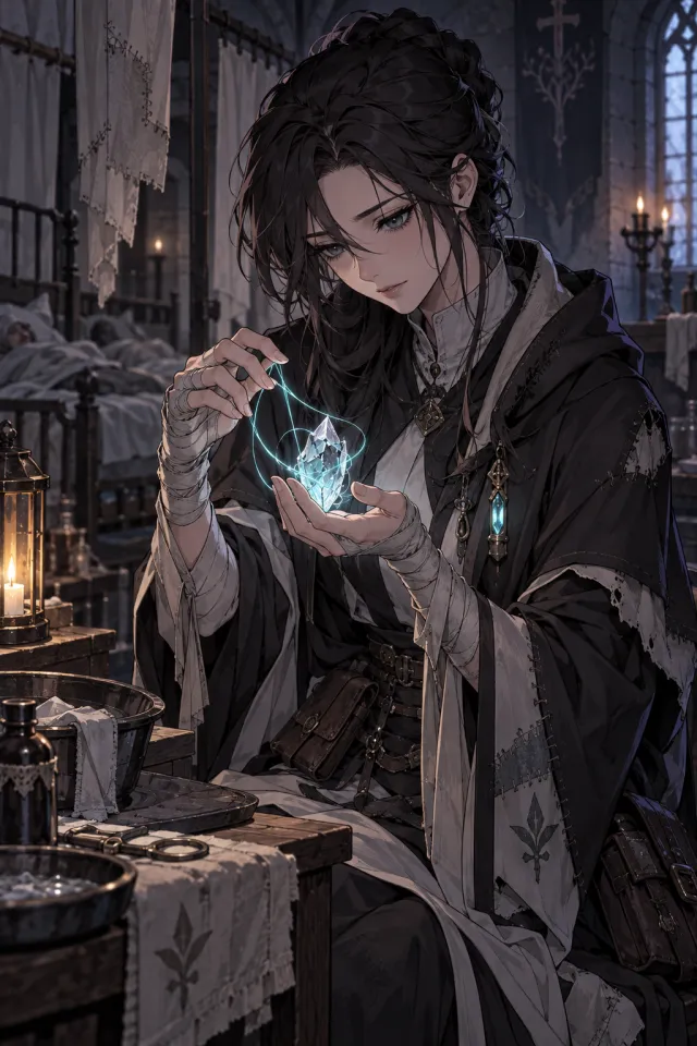 A Weaver studies a glowing crystal held by luminous blue threads.