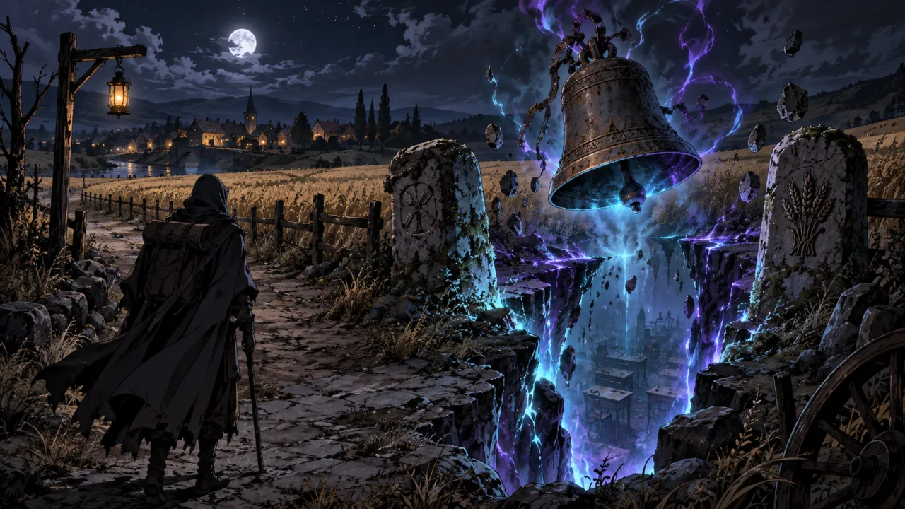 A great bell hangs above a violet rift on an old village road.