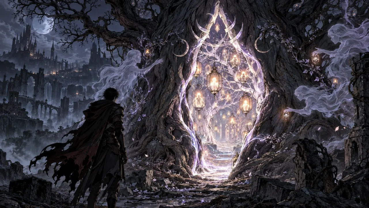 Lanterns and ghostly figures surround a threshold within an ancient tree.