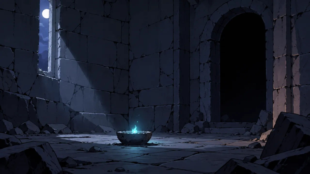 A tiny blue flame burns in a bowl inside a ruined stone hall.