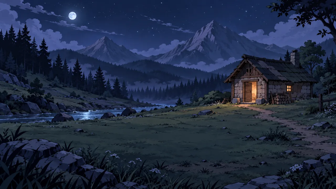 A small home glows warmly beside a river and forest.