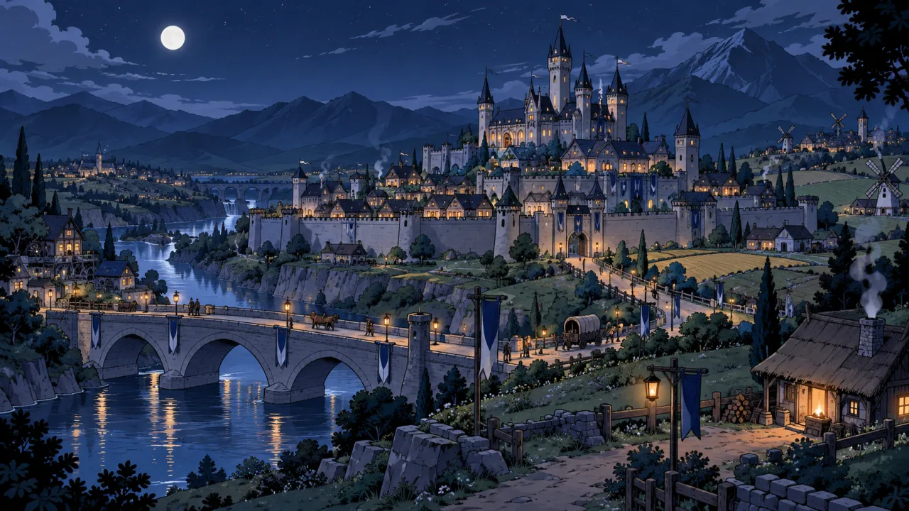 A later settlement grows into a moonlit kingdom across river bridges.
